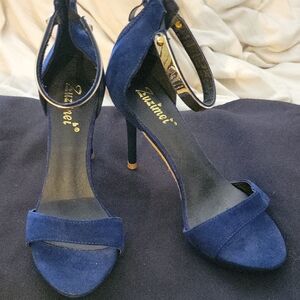 Zuzimei Women's Navy Open Toe Strap Heels With Gold Ankle Strap Sz 7.5US $16